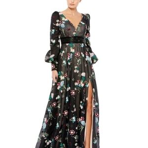 Mac Duggal Black Floral Bishop Sleeves Embroidered Dress